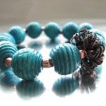 Blue Tagua Nut And Wood Beaded Stacking Stretch..