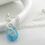 Wire Wrapped Aqua Teardrop Glass And Sterling..