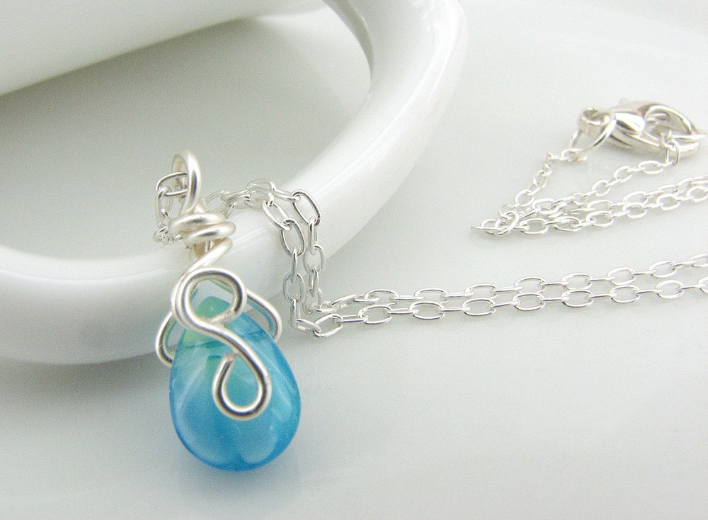 Wire Wrapped Aqua Teardrop Glass And Sterling Silver Necklace